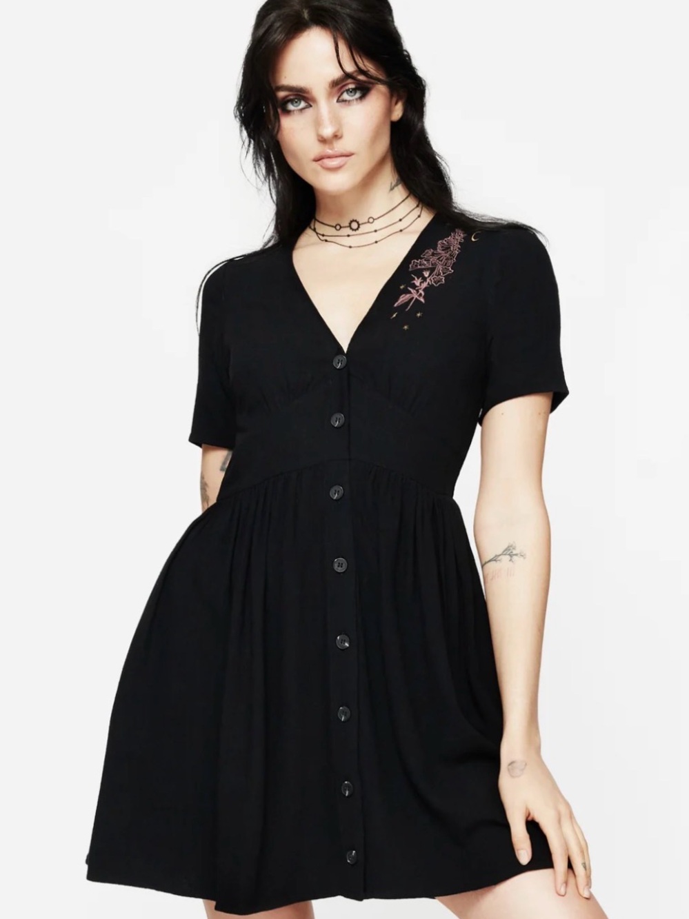 Disturbia Black V-Neck Button-Front Short Sleeve Dress with Embroidered Detail
